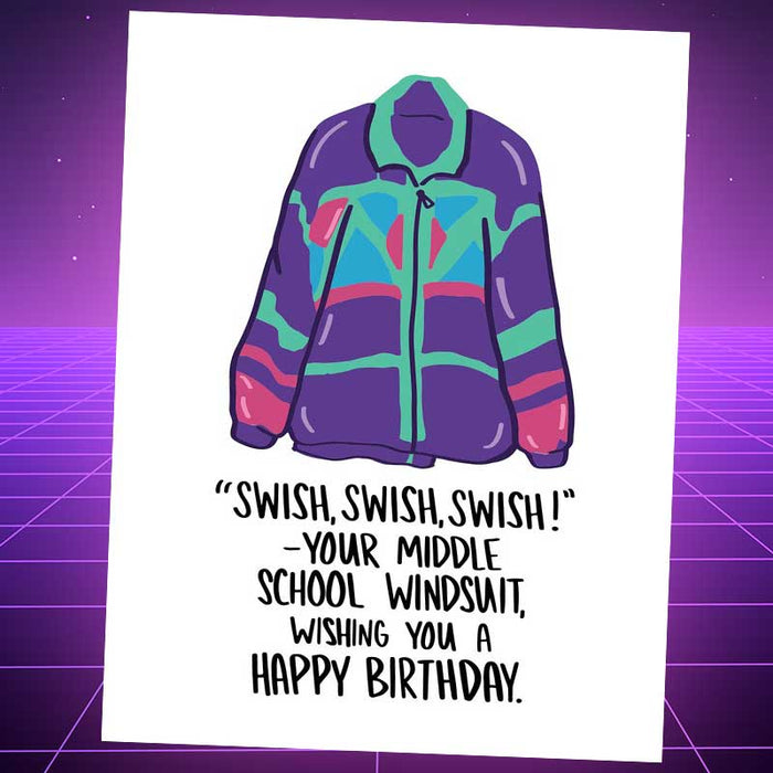 Retro 1980's Windsuit Wsssh! Birthday Card - Knotty Cards