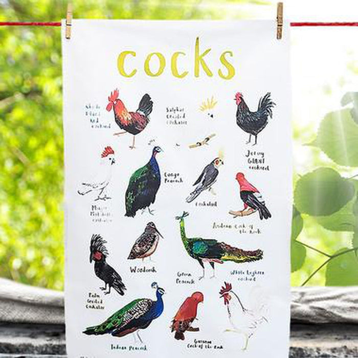 Cocks Dirty Pun Bird Dish Towel by Sarah Edmonds Illustration at Perpetual Kid