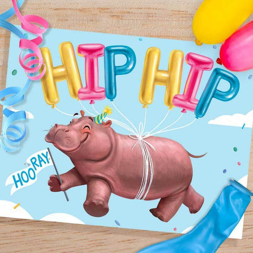 Hippo Hip Hip Hooray Celebration Card - Mudsplash Studios