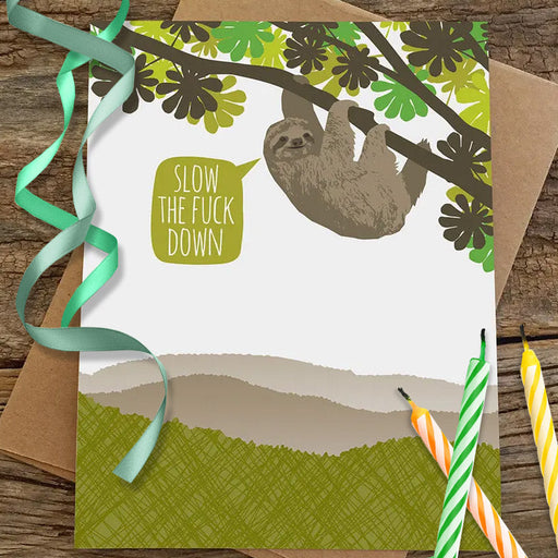 Slow the Sloth Down Birthday Card - Funny Greeting Cards - Modern Printed Matter