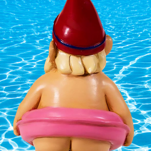 Cheeky Garden Gnome in Pink Flamingo Pool Float - Unique Gift by Kwirkworks